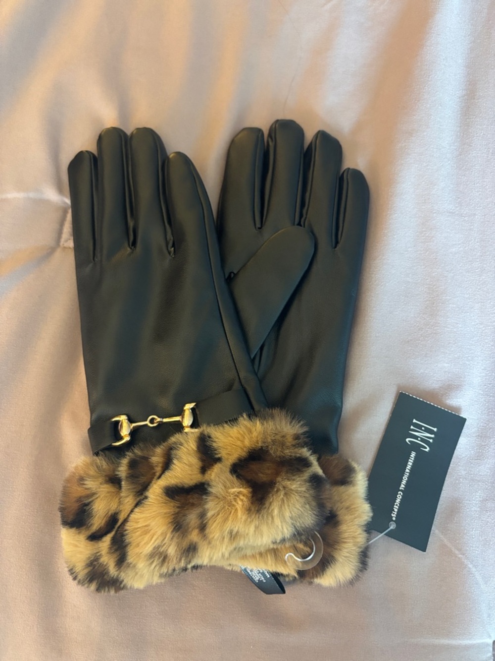 INC International Concepts Black Leather Gloves with Leopard Fur Cuff